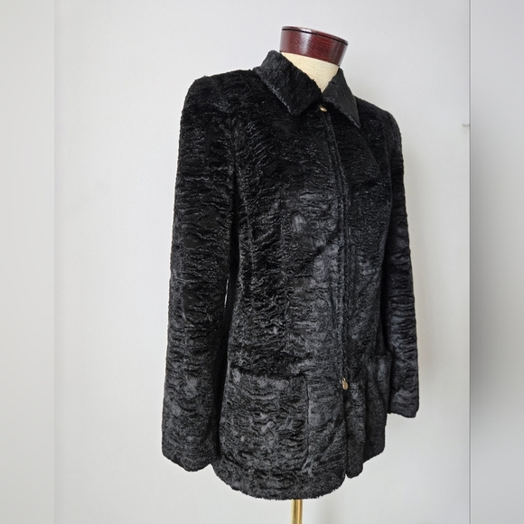 LOUIS FERAUD Paris Designer Black Faux/ Crushed Velvet Fur Jacket. Size 8 - Picture 2 of 16